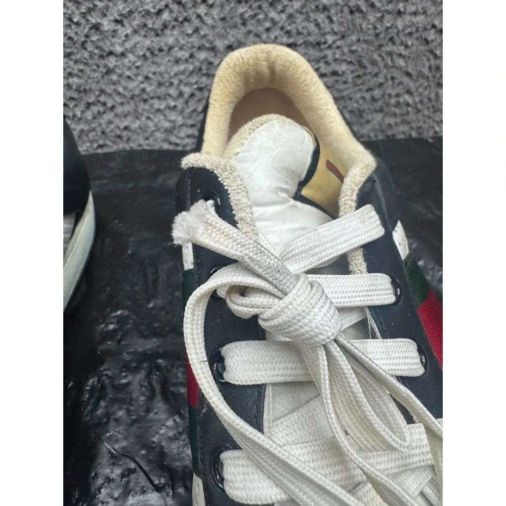 Gucci Screener Lace Up Leather Low Top Sneakers Black White Mens Size 12 US